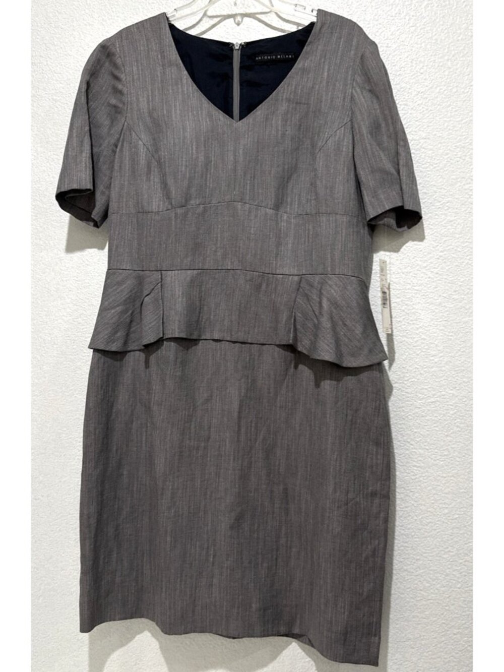 Antonio Melani Dress Navy Blue Gray Sheath Short Peplum Empire Size 14 - Picture 2 of 14